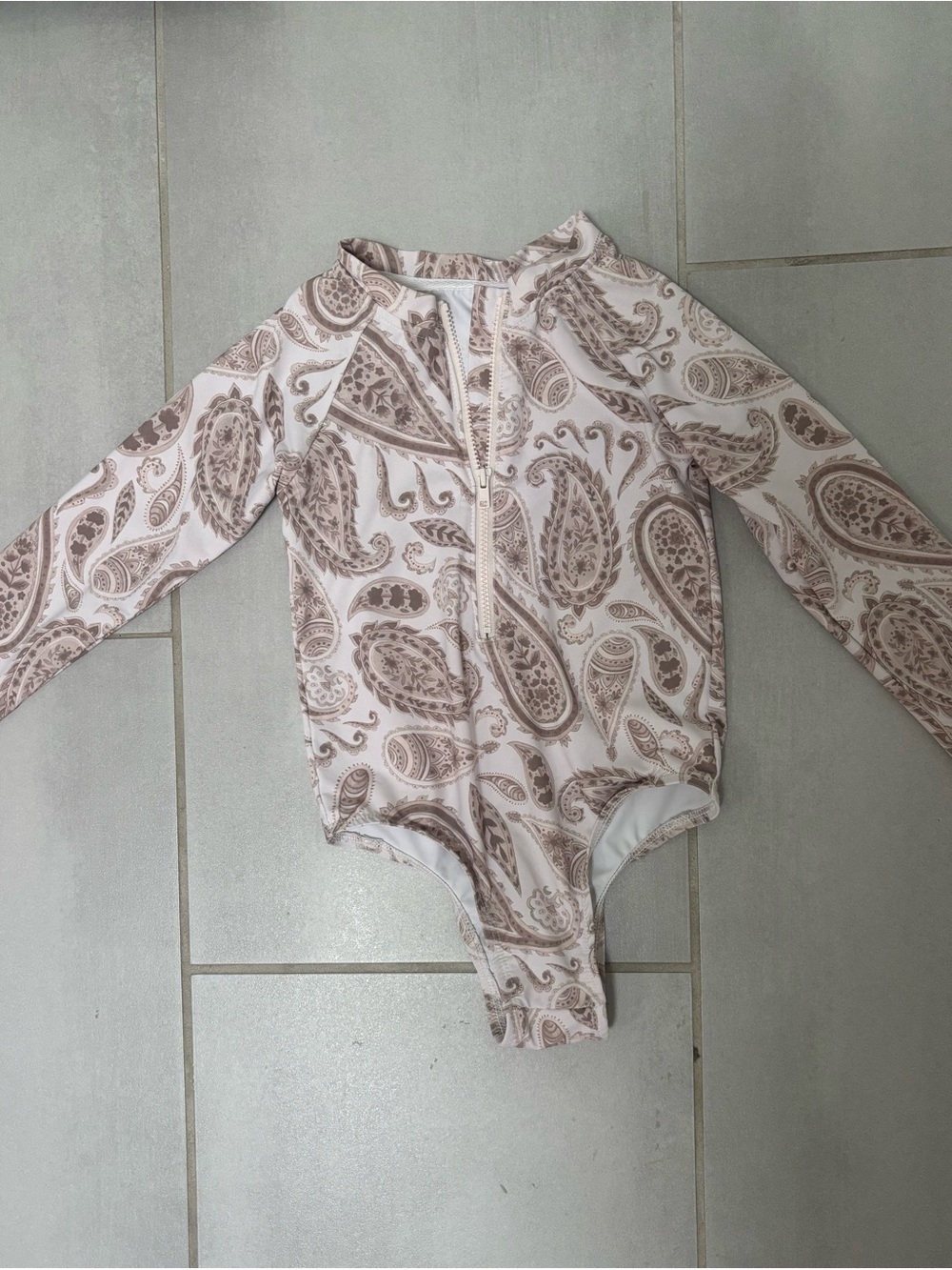 Long-Sleeve Paisley Kids One-Piece Swimsuit - Cream/Brown